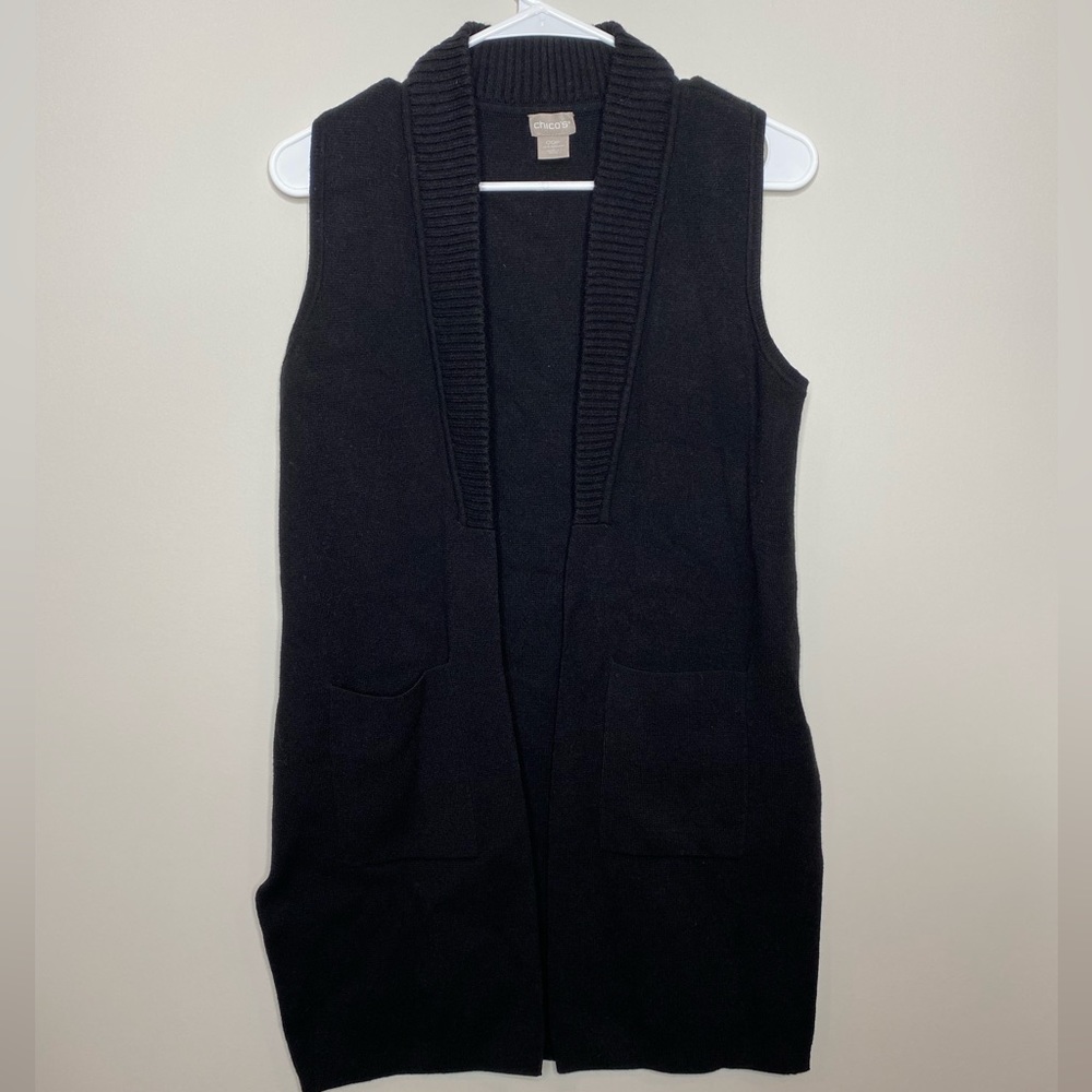 CHICO’S Sleeveless Long Black Sweater Open Front Cardigan Size 00P